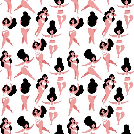 Body positive seamless pattern with brunette womanのイラスト素材