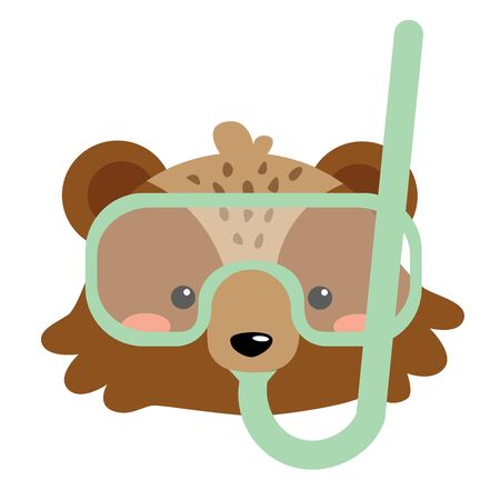 Vector flat cartoon cute kawaii brown bear face in summer vacation. Mask and snorkel for divingのイラスト素材