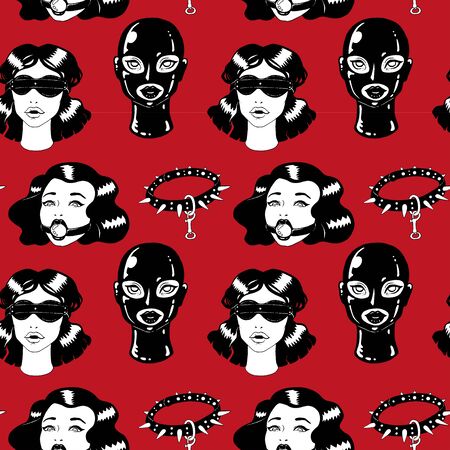 Black and white BDSM Vintage ink woman with collar seamless patternの写真素材