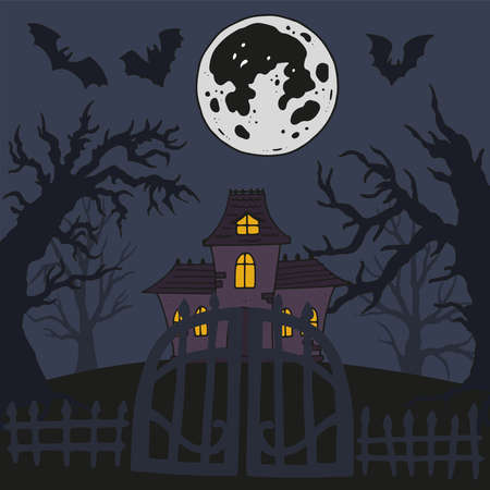 Vector house silhouette illustration with spooky bats and treesのイラスト素材