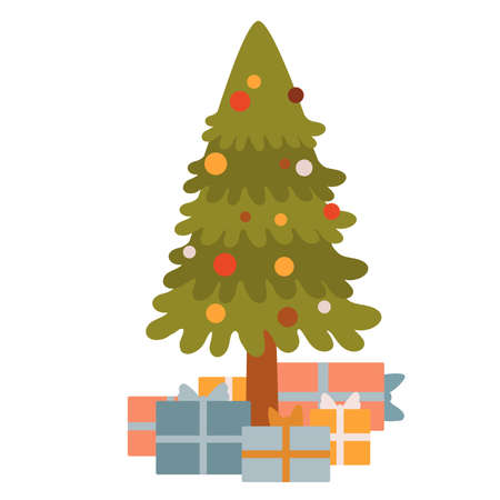 Merry christmas postcard with cristmas tree with toys and presentsのイラスト素材