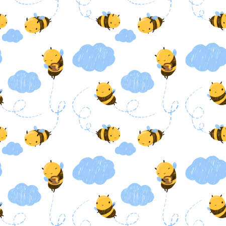 Seamless pattern Cute Kawaii Honey Bee flying in the skyの写真素材