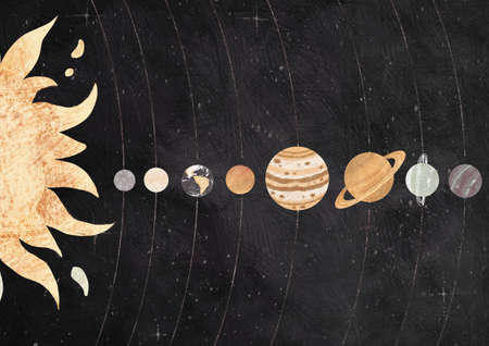 Vintage Solar System poster on dark background. Set of planets hand drawn illustration