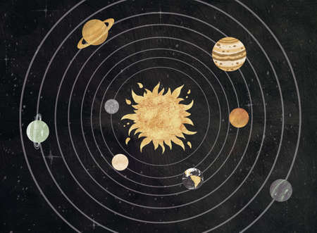 Vintage Solar System poster on dark background. Set of planets hand drawn illustration