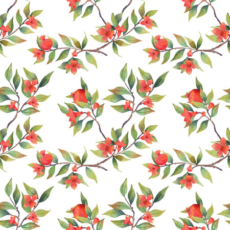 Watercolor pomegranate seamless pattern on white backgroundの写真素材