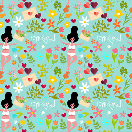 Body positive seamless pattern with bloom flowers and letterのイラスト素材