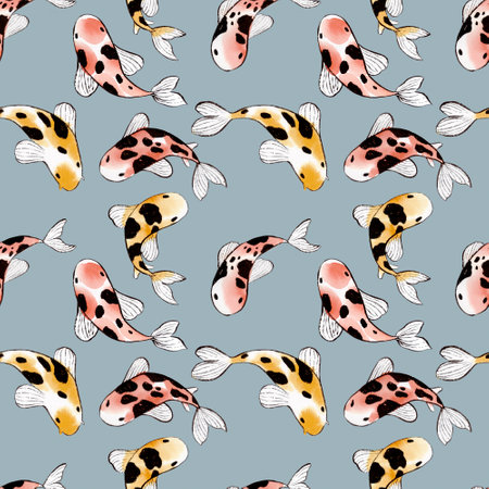 Watercolor sketch Koi - japanese amur carp seamless patternの写真素材