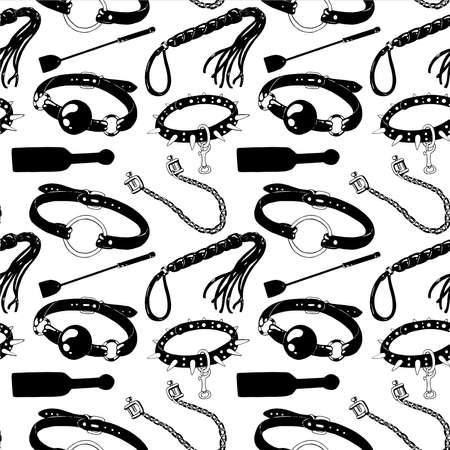 BDSM hand drawn seamless pattern. Black and white ink illustrationのイラスト素材