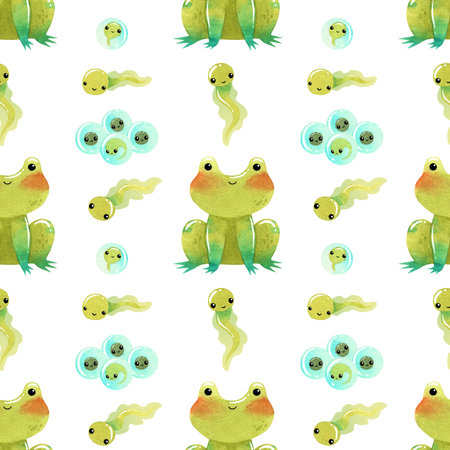 Cute funny green frog, toad watercolor illustration with eggs and tadpole seamless patternの写真素材