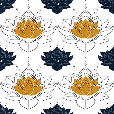 Buddhism loutus flower with line and gold seamless patternの写真素材
