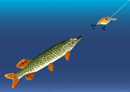 Fishing for bait in the form of fish, raster illustration. 