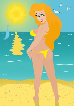 sexy girl in yellow bikini by the beach illustrationのイラスト素材