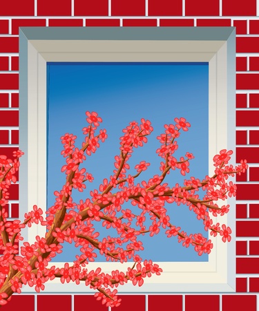  Abstract blooming tree branch against the window, illustration.のイラスト素材