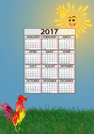 Calendar European 2017 rooster and smiling sunのイラスト素材