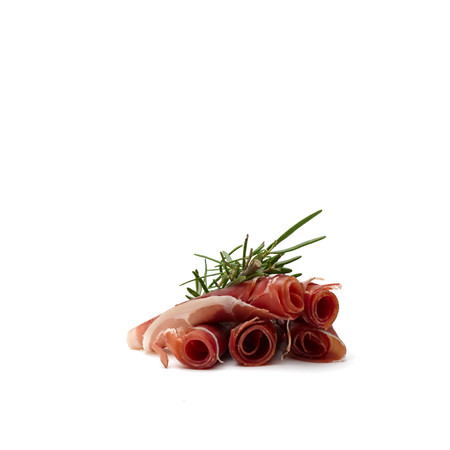 Concept of mediterranean and italian food. 5 slices of parma ham rolled and positioned against each other with green rosemary branch on top.Pure white background.の写真素材