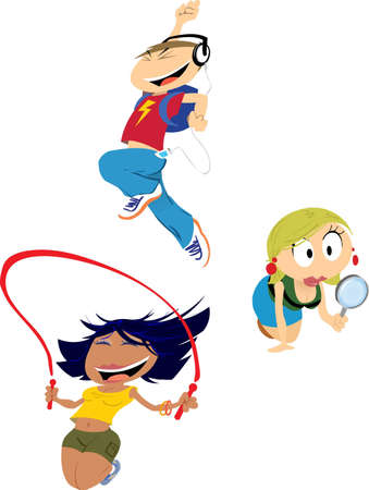 Three characters. A boy and two girls. Skipping, jumping for joy and searching. Three characters. A boy and two girls. Skipping, jumping for joy and searching.