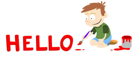 A greeting caption. A boy painting the word 'Hello' in red paint. Vector graphic.のイラスト素材