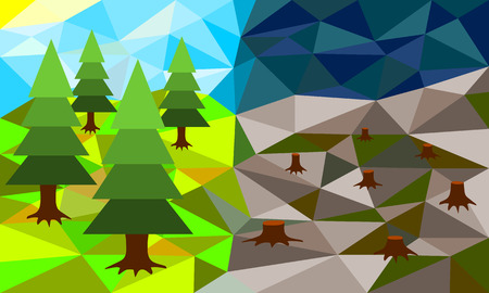 Forest before and after deforestation, low poly vector illustrationのイラスト素材