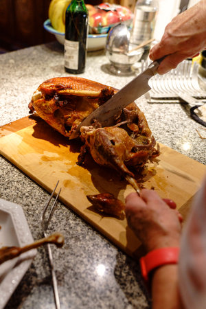 Spatchcocking a traditional german duck roastの写真素材