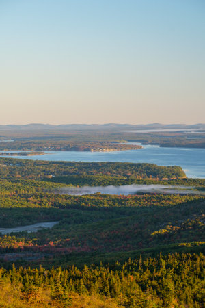 View over Frenchmen Bay in Acadia National Park from the road up to Cadillac Mountainの写真素材