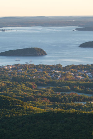 View onto Bar Harbor and Frenchman Bay from the road up to Cadillac Mountainの写真素材