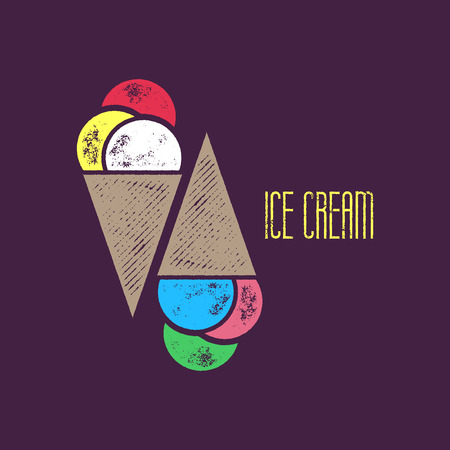 Ice Cream Icon or T-Shirt Design - Colorful Ice Cream Object on Dark Purple Background wit Ice Cream Signのイラスト素材