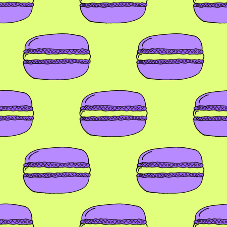Purple Hand-drawn Macarons Pattern on Green Background - Hand Drawn Doodle Seamless Pattern - Vector Illustrationのイラスト素材