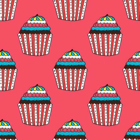 Colorful Hand-drawn Cup Cake Pattern on Red Background - Hand Drawn Doodle Seamless Pattern - Vector Illustrationのイラスト素材