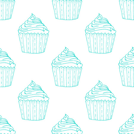 Blue Hand-drawn Cup Cake Outline Pattern on White Background - Hand Drawn Doodle Seamless Pattern - Vector Illustrationのイラスト素材