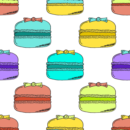 Colorful Hand-drawn Macarons Pattern on White Background - Hand Drawn Doodle Seamless Pattern - Vector Illustrationのイラスト素材