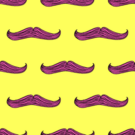 Hand Drawn Purple Mustache Pattern on Flat Yellow Background - Crafted Seamless Doodle Pattern - Vector Illustrationのイラスト素材