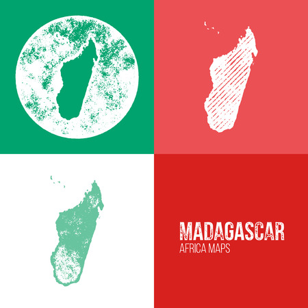 Madagascar Grunge Retro Maps - Africa - Three silhouettes Madagascar maps with different unique letterpress vector textures - Infographic and geography resourceのイラスト素材