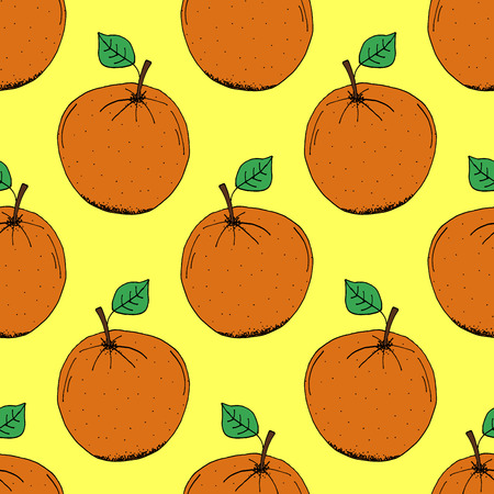 Hand Drawn Orange Pattern on Yellow Background - Hand Drawn Seamless Fruits Pattern - Infographic or Surface Design Source Element - Vector Illustrationのイラスト素材