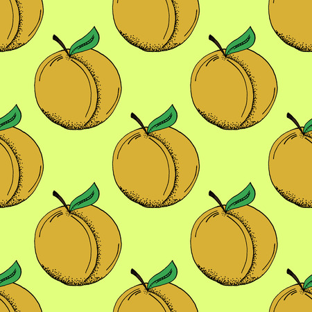Hand Drawn Peach Pattern on Yellow Background - Hand Drawn Seamless Fruits Pattern - Infographic or Surface Design Source Element - Vector Illustrationのイラスト素材