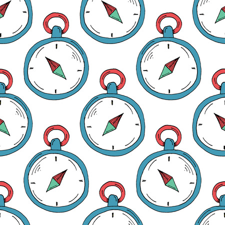 Hand Drawn Compass Illustration Pattern on White Background - Camping and Outdoor or Mountain Adventure Doodle Color Seamless Pattern - Hand Drawn Vector Illustrationのイラスト素材