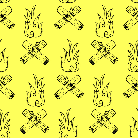 Hand Drawn Camp Fire Outline Stroke Illustration Pattern on Yellow Background - Camping and Outdoor or Mountain Adventure Doodle Color Pattern - Hand Drawn Vector Illustrationのイラスト素材