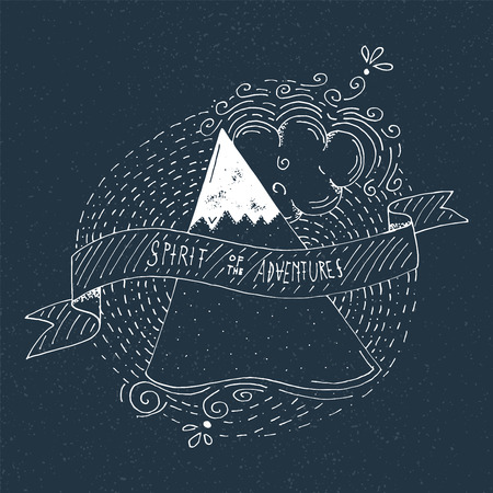 Hand Drawn Spirit of Adventure Logo or Eblem on Dark Blue Grunge Background - Outdoor adventure or expedition symbol - Rock, clouds and sample title sign - Hand Drawn Vector Illustrationのイラスト素材