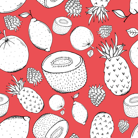 Hand Drawn Doodle Paper Cut White Fruits Seamless Pattern - Kiwi, pineapple, orange, lemon and raspberry pattern on red background - Vector Illustrationのイラスト素材