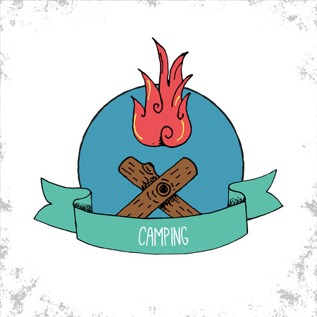 Hand Drawn Hipster Camping Badge with Camp Fire Illustration - Doodle outdoor adventure symbol or logo with green ribbon with sample title label text - Vector Hand Drawn Doodle Illustrationのイラスト素材