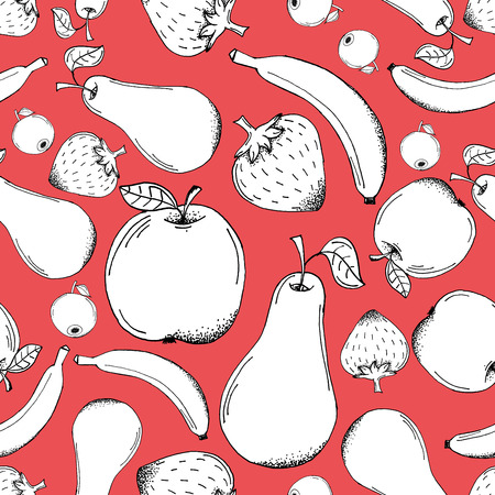 Hand Drawn Doodle Paper Cut White Fruits Seamless Pattern - Strawberry, banana, pear, apple and blueberry pattern on red background - Vector Illustrationのイラスト素材