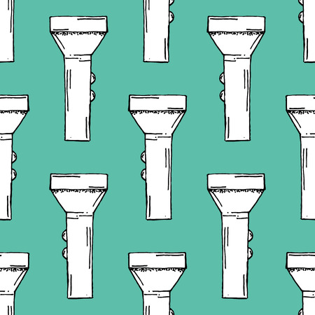 Hand Drawn Flash Light Paper Cut Illustration Pattern on Green Background - Camping and Outdoor or Mountain Adventure Doodle Color Seamless Pattern - Hand Drawn Vector Illustrationのイラスト素材