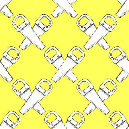 Hand Drawn Hand Saw Paper Cut Illustration Pattern on Yellow Background - Camping and Outdoor or Mountain Adventure Doodle Color Seamless Pattern - Hand Drawn Vector Illustrationのイラスト素材