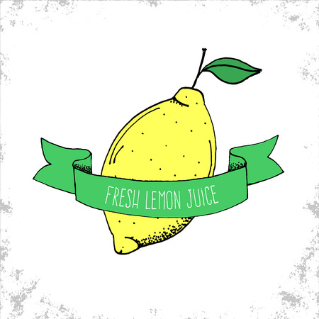 Hand Drawn Fresh Lemon Juice Label - Fruit Bio Shop Sticker or Logo Template - Hand Drawn Lemon Illustration under Curved Ribbon with lettering - Vector Doodle Illustrationのイラスト素材