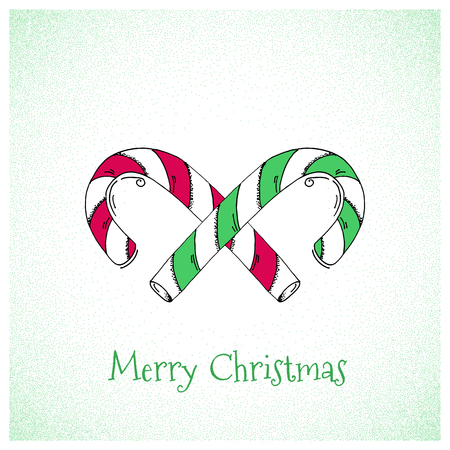 Cartoon Style Hand Drawn Christmas Candy Greetings Card - Doodle Crossed Christmas Cand on Green Stipple Background with Merry Christmas Sign - Illustration Graphic Resourceのイラスト素材