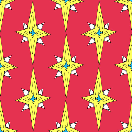 Cartoon Style Hand Drawn Christmas Star Seamless Pattern - Doodle Illustrations on Red Background - Christmas and Holiday - Illustration Graphic Resourceのイラスト素材