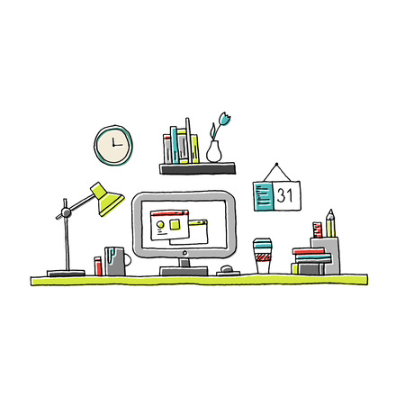 Hand illustrated thin line creative workspace with retro ofset effect. Modern office desk with computer, books and hipster sfuff for room interior. Modern vector illustration concept isolated on white background.のイラスト素材