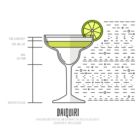 Daiquiri - Thin Flat Line Style Cocktail Recipe. Simple instructions on how to prepare the popular drink. Suitable for wall of your bar or on the web.のイラスト素材