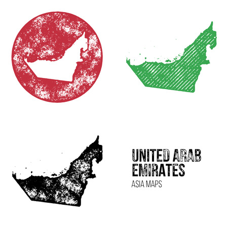 United Arab Emirates Grunge Retro Maps - Asia - Three silhouettes United Arab Emirates maps with different unique letterpress vector textures - Infographic and geography resourceのイラスト素材
