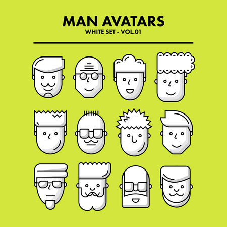 Thin Flat Line Man Avatars Icons - White Set 01. Infographic or webdesign graphic resource. Profile picture. Vector Illustrationのイラスト素材