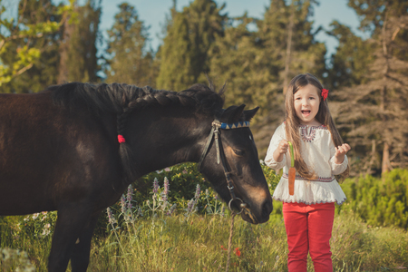 Girl with brunette hair and brown eyes stylish dressed wearing rustic village clothes white shirt and red pants on belt posing feeding black young horse pony by carrots.の写真素材